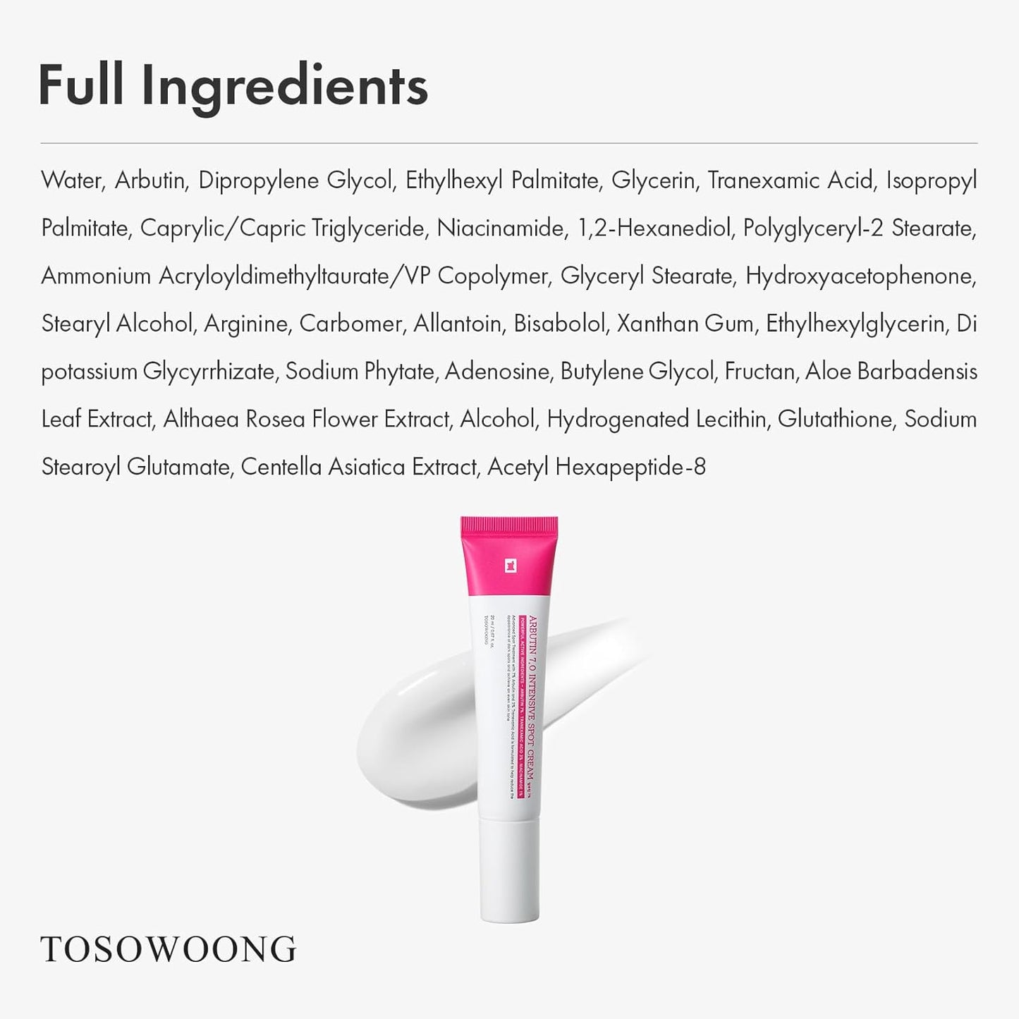 TOSOWOONG Arbutin 7% Intensive Spot Cream with 70,000ppm Arbutin, 3% Tranexamic Acid, 1% Niacinamide, Glutathione, Gentle Skincare for an Even-Looking Skin Tone, Korean Skin Care, 20ml, 0.67 fl.oz.