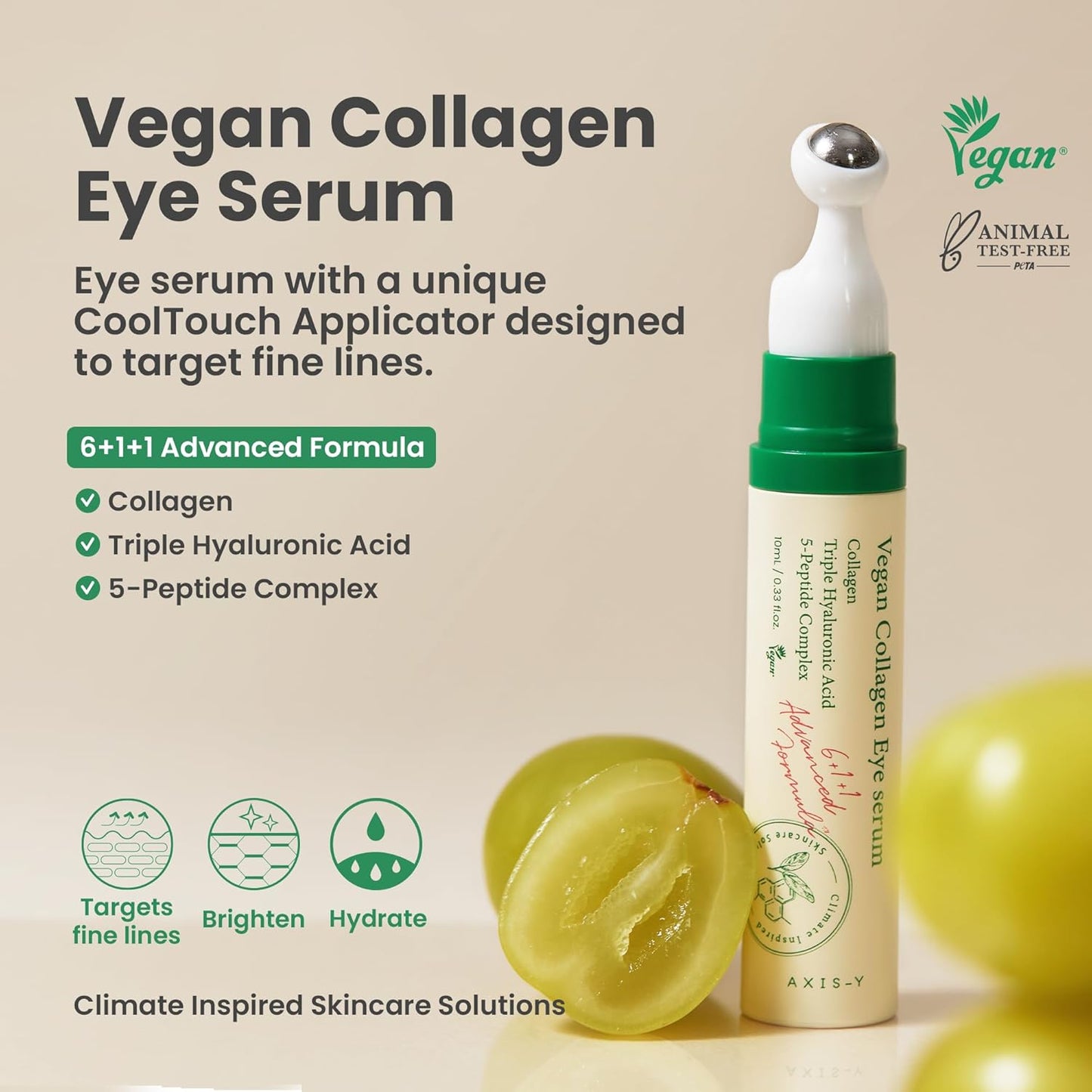 AXIS-Y Vegan Collagen Eye Serum with Triple Hyaluronic Acid & Peptides - K Beauty Roller for Dark Circles and Puffiness - Vegan Korean Skincare Eye Cream - 10ml/0.33 fl. oz.
