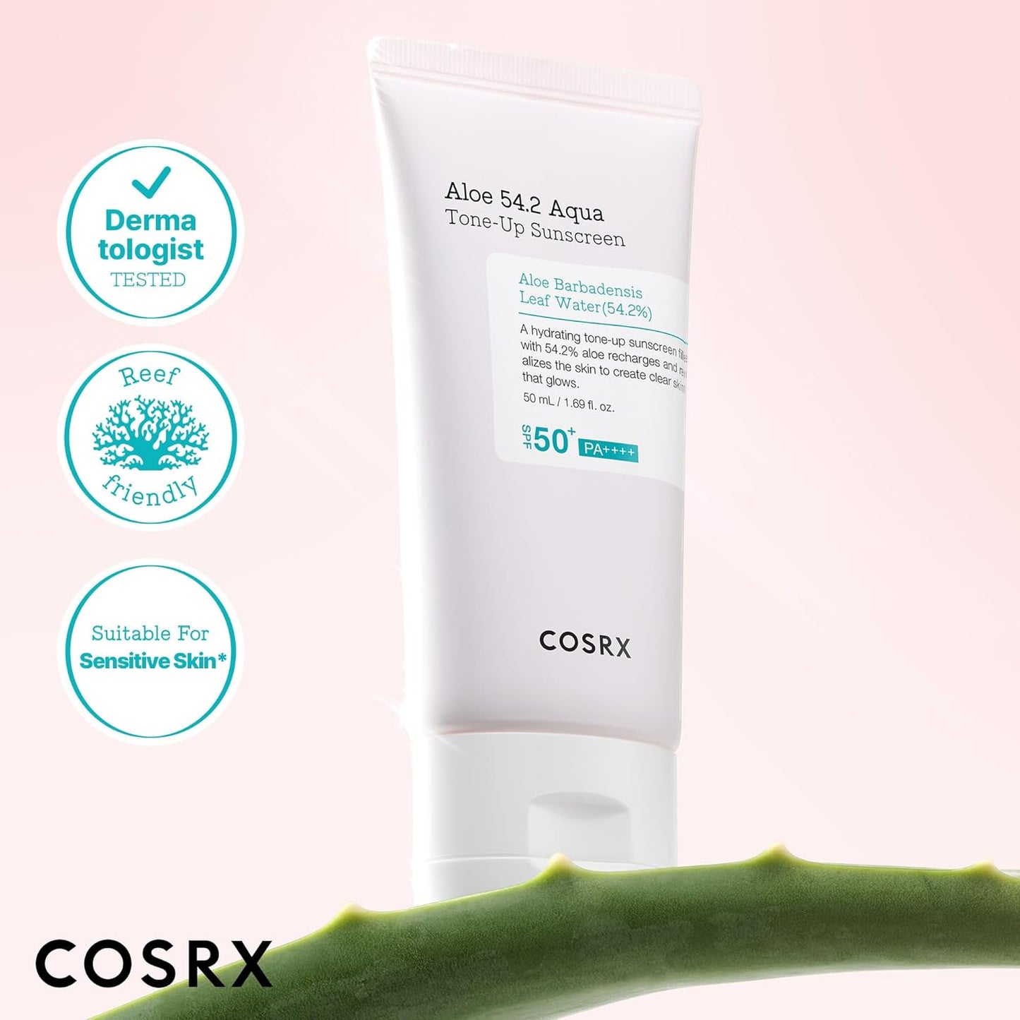 COSRX Aloe 54.2 Aqua Tone-up Sunscreen SPF 50, Hydrating tinted sunscreen for sensitive skin, UV Protection, Non-greasy, Korean Sunscreen, Korean Skincare
