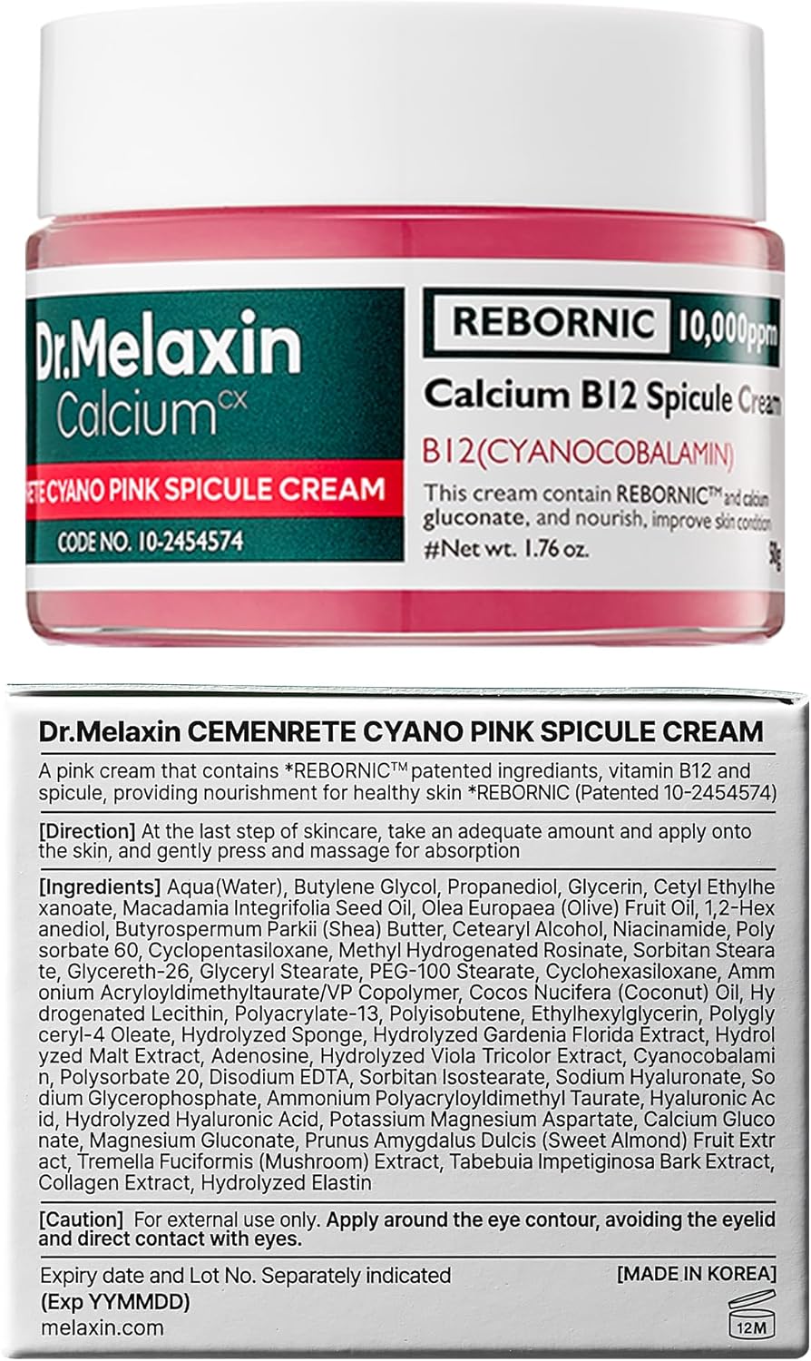 Dr.Melaxin Cemenrete Cyano Pink Spicule Cream With Calcium Vitamin B12 For Under Eyes Skin Dark Circles Fine Lines Puffiness&Eye Bags Cream 1.69 Fl. Oz.