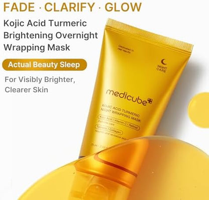medicube Glass Skin Refining Duo at Night: medicube Deep Vitamin C Golden Capsule Face Moisturiser and Wrapping Mask Kojic Acid, Turmeric, Vitamin C Overnight Peel Off Facial Mask