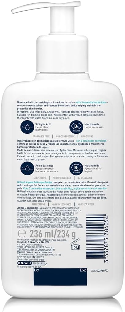 CeraVe Blemish Control Cleanser, 2% Salicylic Acid Face Wash with Niacinamide & 3 Essential Ceramides, Exfoliates & Clears Clogged Pores for Blemish-Prone Skin, Developed with Dermatologists, 236ml