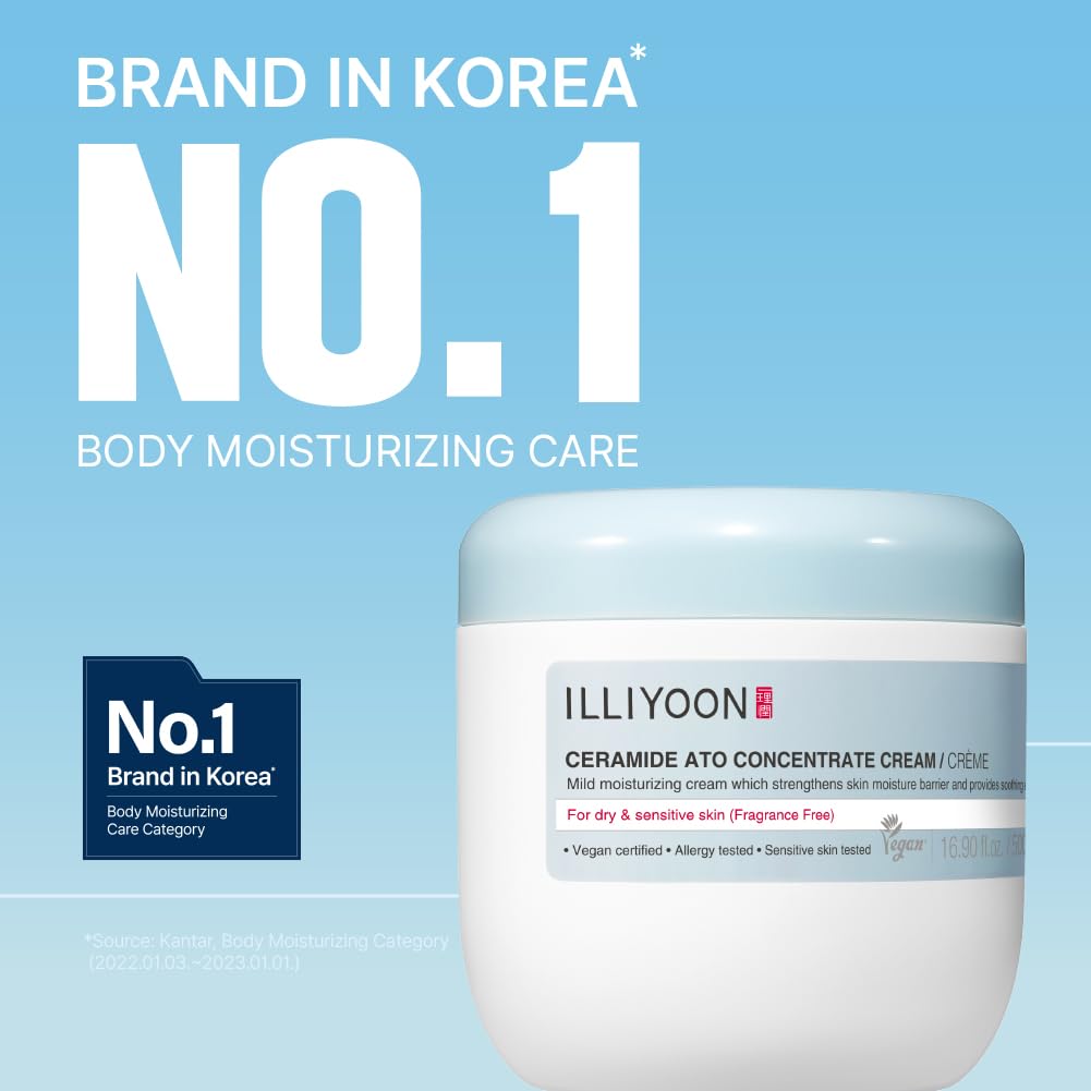 ILLIYOON Ceramide Ato Concentrate Cream (200ml, 6.76 Fl Oz) | Moisturizer for Dry&Sensitive Skin, 100hr Hydration, Restoring Skin Barrier | Gentle for Infants and Adults | Vegan | Fragrance Free