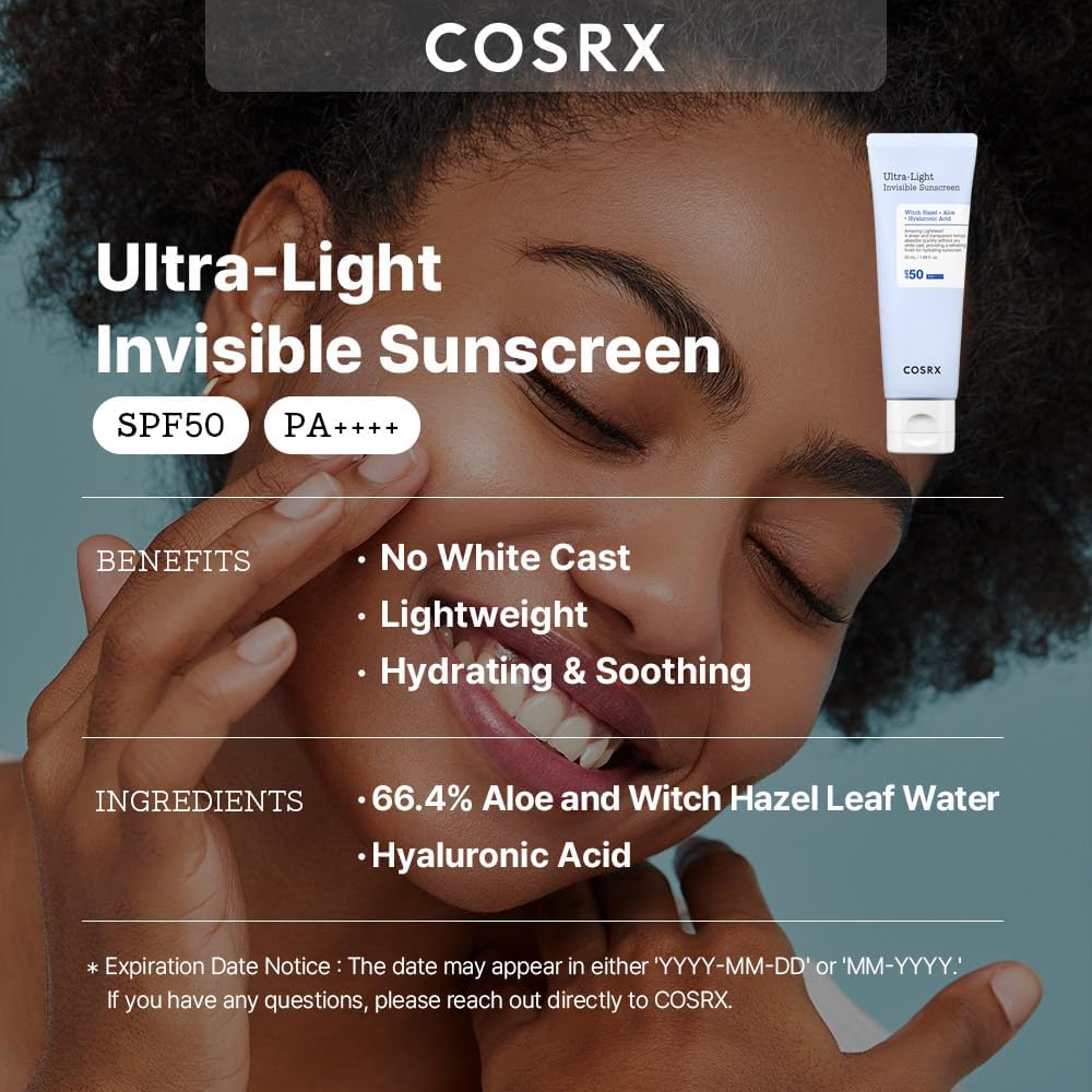 COSRX Ultra-Light Invisible Sunscreen SPF 50 Face Moisturiser, PA++++ Korean Sunscreen, Non Oily Sun Cream, UVA/UVB Protection, Daily Hydrating Sun Lotion, No White Cast 50ml