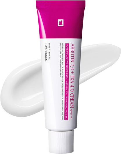 TOSOWOONG Arbutin 7% + Tranexamic Acid 4% Cream, 70,000ppm Arbutin, 40,000ppm TXA, Niacinamide, Glutathione, Dark Spots, Freckle, Blemishes, Pigmentation, Korean Skin Care, 50ml, 1.69 fl.oz.