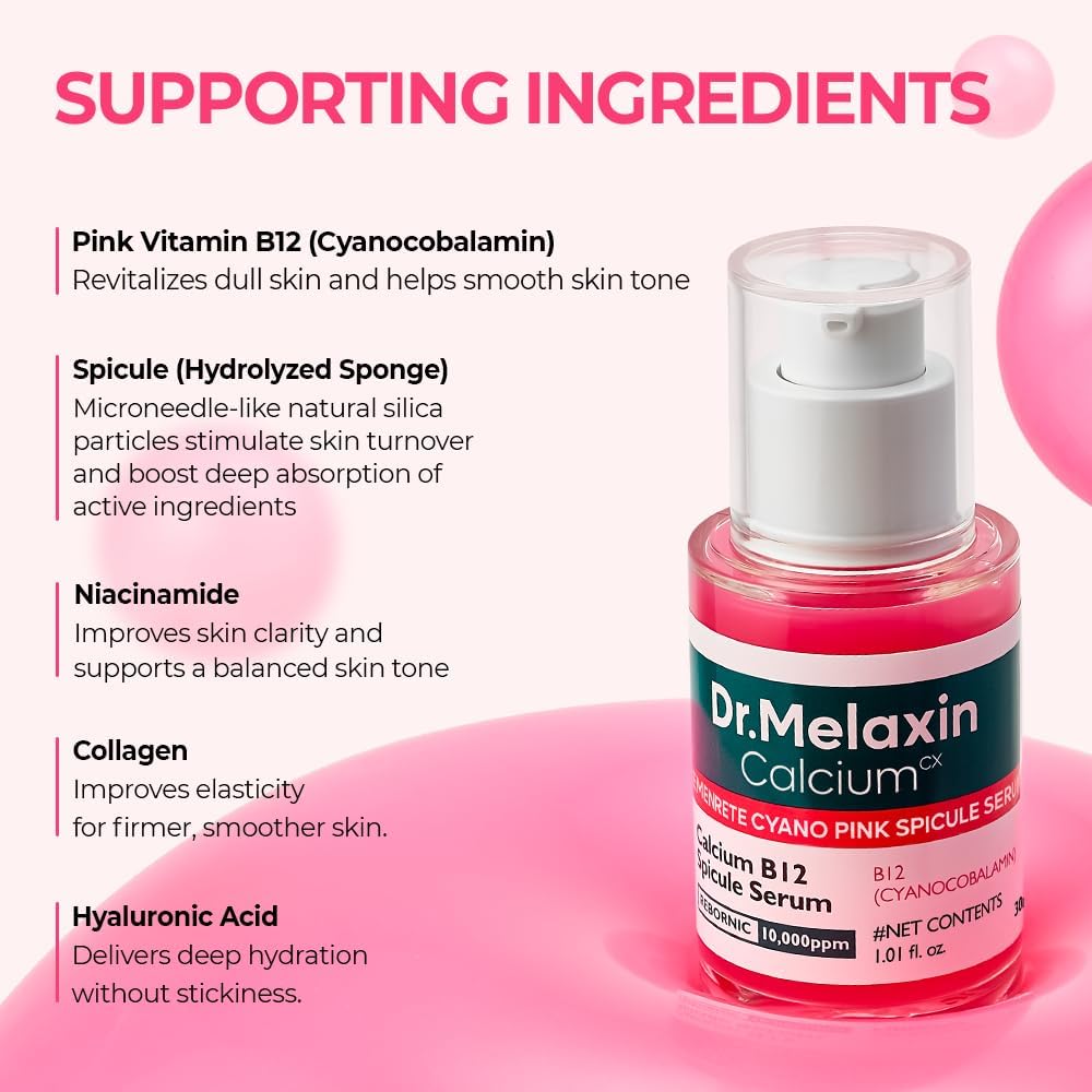 Dr.Melaxin Cemenrete Cyano Pink Spicule Serum – Calcium Pore Tightening & Skin Regeneration Serum with Vitamin B12, Micro-Spicule for Absorption, Smooth Texture & Glow – Korean Skincare (1.01 Fl Oz)