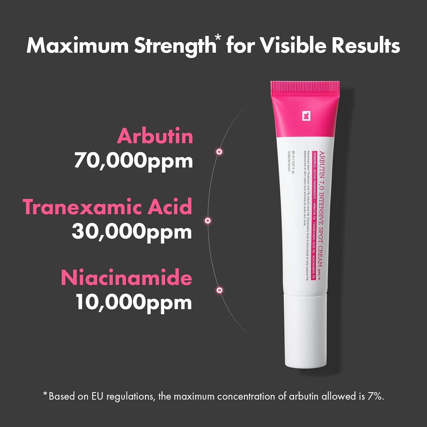 TOSOWOONG Arbutin 7% Intensive Spot Cream with 70,000ppm Arbutin, 3% Tranexamic Acid, 1% Niacinamide, Glutathione, Gentle Skincare for an Even-Looking Skin Tone, Korean Skin Care, 20ml, 0.67 fl.oz.