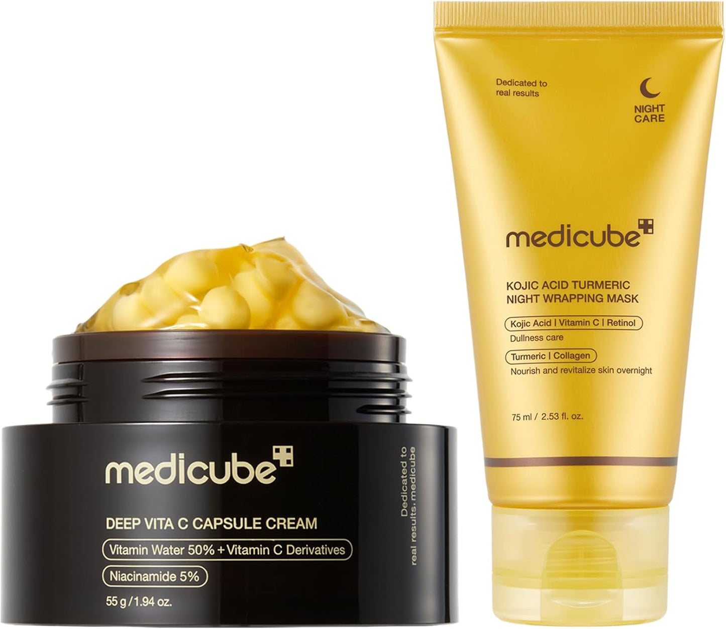 medicube Glass Skin Refining Duo at Night: medicube Deep Vitamin C Golden Capsule Face Moisturiser and Wrapping Mask Kojic Acid, Turmeric, Vitamin C Overnight Peel Off Facial Mask