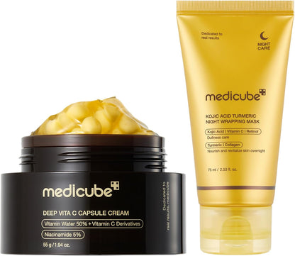 medicube Glass Skin Refining Duo at Night: medicube Deep Vitamin C Golden Capsule Face Moisturiser and Wrapping Mask Kojic Acid, Turmeric, Vitamin C Overnight Peel Off Facial Mask