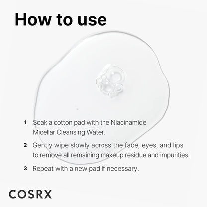 COSRX Low pH Niacinamide Micellar Cleansing Water 13.52fl.oz/400ml, Daily Mild Facial Cleansing Wash for Sensitive Skin, Sebum Control, Paraben Free, Korean Skincare