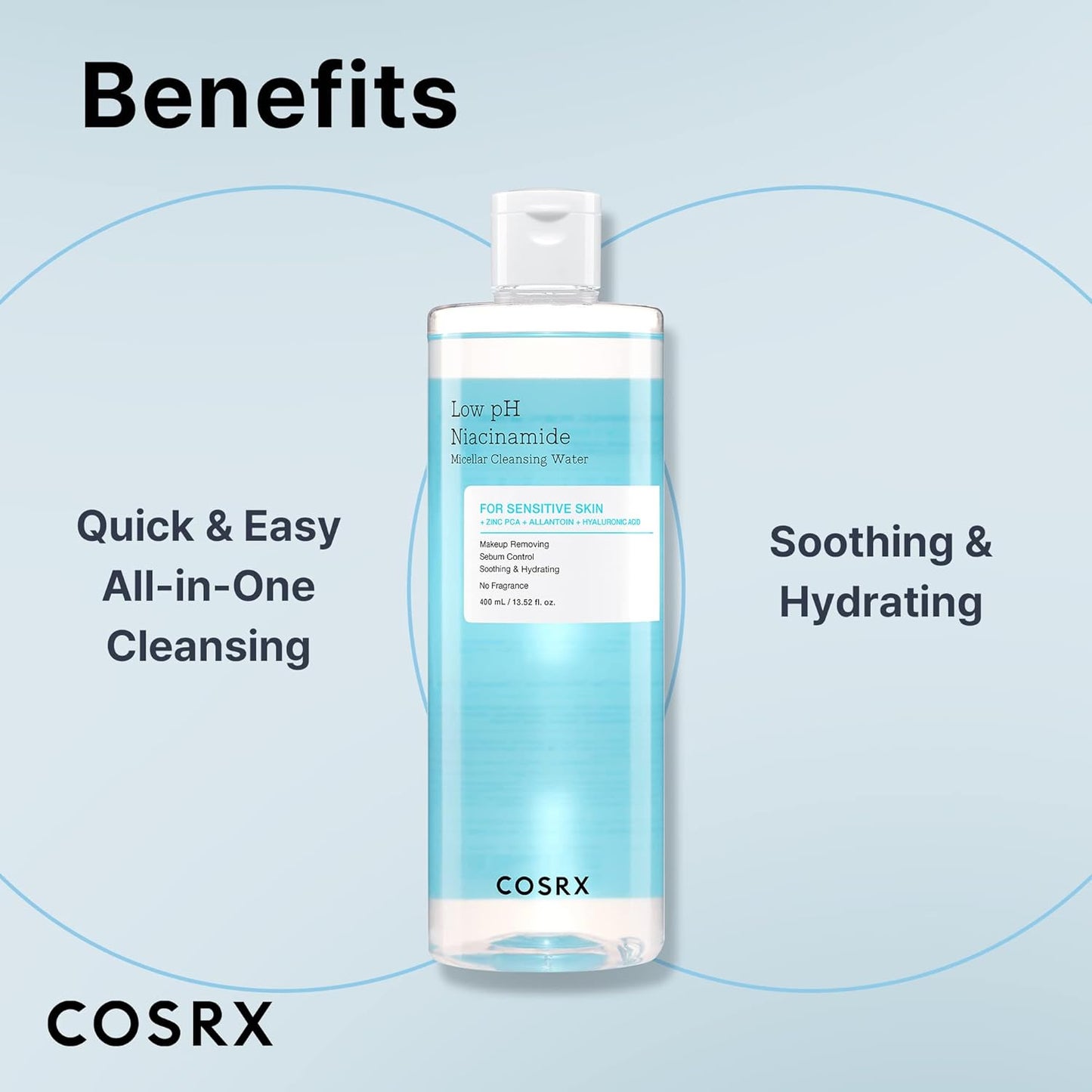 COSRX Low pH Niacinamide Micellar Cleansing Water 13.52fl.oz/400ml, Daily Mild Facial Cleansing Wash for Sensitive Skin, Sebum Control, Paraben Free, Korean Skincare