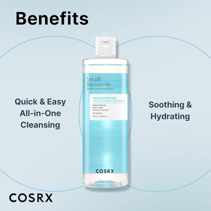 COSRX Low pH Niacinamide Micellar Cleansing Water 13.52fl.oz/400ml, Daily Mild Facial Cleansing Wash for Sensitive Skin, Sebum Control, Paraben Free, Korean Skincare