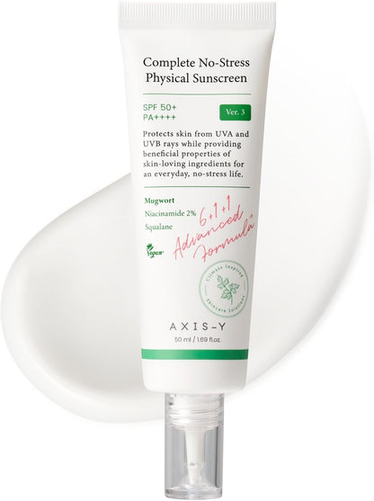 AXIS-Y Complete No-Stress Physical Sunscreen V3 - SPF 50 Face Moisturiser Mineral Sun Cream - Hydrating, Glowing, No White Cast - Vegan Korean Skincare SPF Moisturiser - 50ml/1.69 fl. oz.