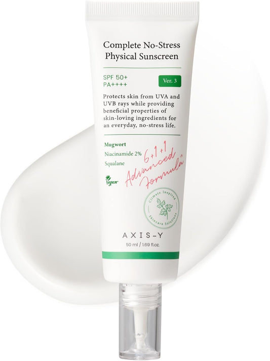 AXIS-Y Complete No-Stress Physical Sunscreen V3 - SPF 50 Face Moisturiser Mineral Sun Cream - Hydrating, Glowing, No White Cast - Vegan Korean Skincare SPF Moisturiser - 50ml/1.69 fl. oz.