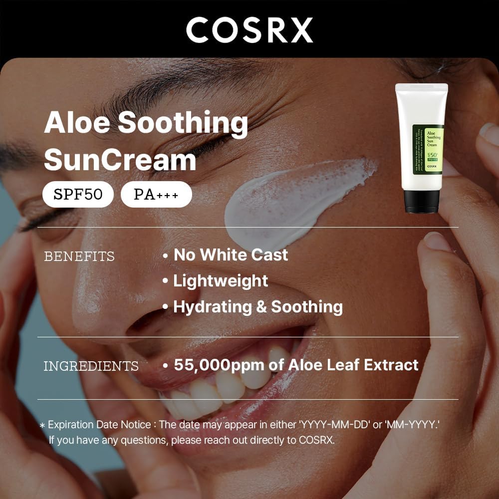 COSRX Aloe Soothing Sun Cream SPF 50+++, Daily Hydrating Sunscreen for Dry Sensitive Skin, UVA&UVB Protection, No White Marks, Sun Moisturiser, Korean Sunscreen, Korean Skincare