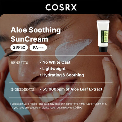COSRX Aloe Soothing Sun Cream SPF 50+++, Daily Hydrating Sunscreen for Dry Sensitive Skin, UVA&UVB Protection, No White Marks, Sun Moisturiser, Korean Sunscreen, Korean Skincare