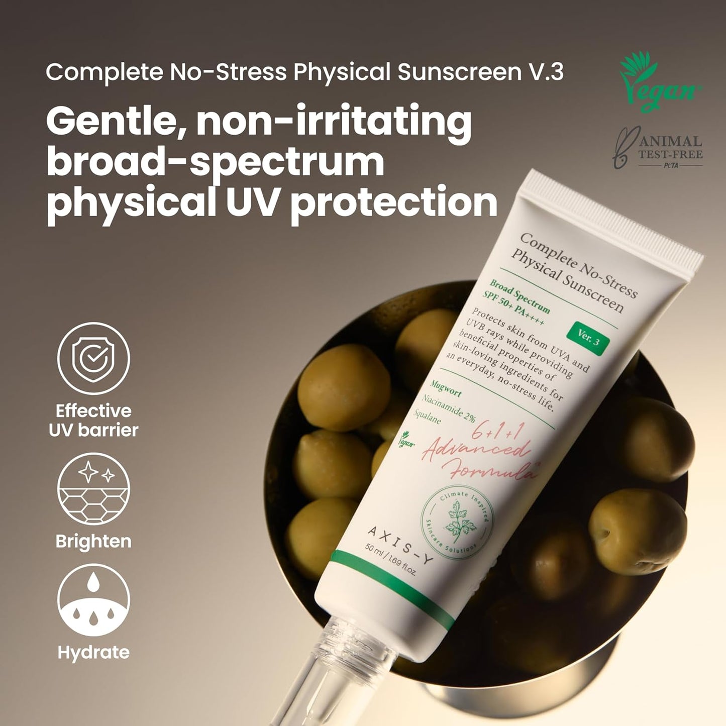 AXIS-Y Complete No-Stress Physical Sunscreen V3 - SPF 50 Face Moisturiser Mineral Sun Cream - Hydrating, Glowing, No White Cast - Vegan Korean Skincare SPF Moisturiser - 50ml/1.69 fl. oz.