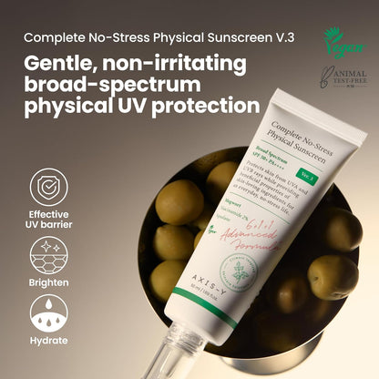 AXIS-Y Complete No-Stress Physical Sunscreen V3 - SPF 50 Face Moisturiser Mineral Sun Cream - Hydrating, Glowing, No White Cast - Vegan Korean Skincare SPF Moisturiser - 50ml/1.69 fl. oz.