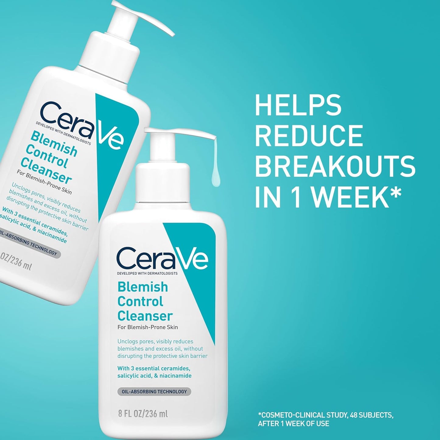 CeraVe Blemish Control Cleanser, 2% Salicylic Acid Face Wash with Niacinamide & 3 Essential Ceramides, Exfoliates & Clears Clogged Pores for Blemish-Prone Skin, Developed with Dermatologists, 236ml