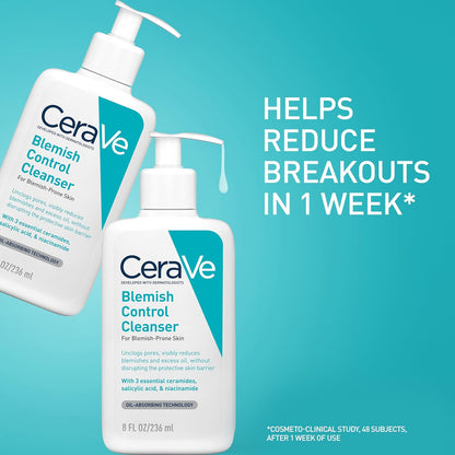 CeraVe Blemish Control Cleanser, 2% Salicylic Acid Face Wash with Niacinamide & 3 Essential Ceramides, Exfoliates & Clears Clogged Pores for Blemish-Prone Skin, Developed with Dermatologists, 236ml