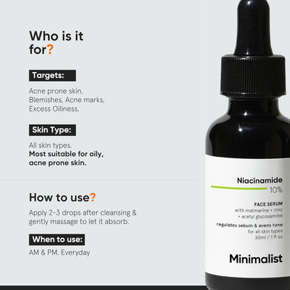 Minimalist 10% Niacinamide Face Serum for Acne Marks, Blemishes & Oil Balancing with Zinc | Skin Clarifying Anti Acne Serum for Oily & Acne Prone Skin, Transparent, 30 ml (Pack of 1)