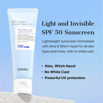 COSRX Ultra-Light Invisible Sunscreen SPF 50 Face Moisturiser, PA++++ Korean Sunscreen, Non Oily Sun Cream, UVA/UVB Protection, Daily Hydrating Sun Lotion, No White Cast 50ml