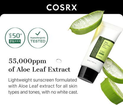 COSRX Aloe Soothing Sun Cream SPF 50+++, Daily Hydrating Sunscreen for Dry Sensitive Skin, UVA&UVB Protection, No White Marks, Sun Moisturiser, Korean Sunscreen, Korean Skincare