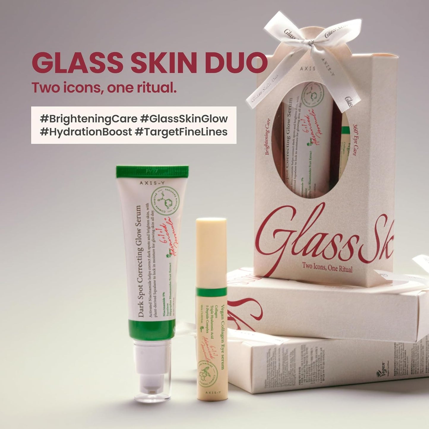 AXIS-Y Glass Skin Duo Korean Skin Care Set - Travel Essentials Holiday Gift with Dark Spot Correcting Glow Serum Targets Spot Treatment for Face & Vegan Collagen Eye Serum for Dark Circles Fine Lines