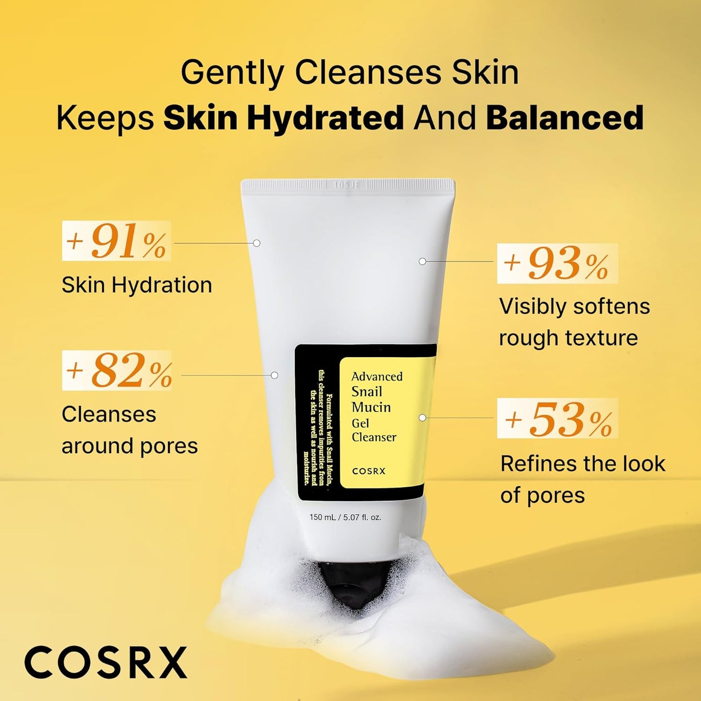 COSRX Advanced Snail Mucin Gel Cleanser, 5.07 Fl Oz / 150 mL | Rich Daily Deep Cleansing Gel for Dry & Sensitive Skin | Korean Skincare, Not Tested on Animals, No Parabens