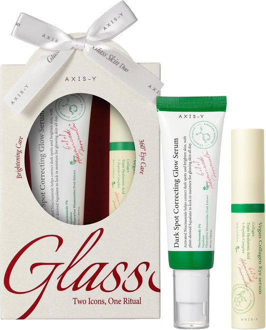AXIS-Y Glass Skin Duo Korean Skin Care Set - Travel Essentials Holiday Gift with Dark Spot Correcting Glow Serum Targets Spot Treatment for Face & Vegan Collagen Eye Serum for Dark Circles Fine Lines