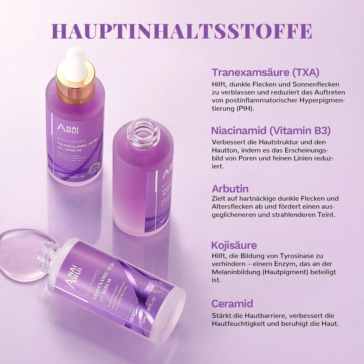 ANAiRUi 10% Tranexamic Acid Serum 50 ml, Dark Spot Correcting Serum with Tranexamic Acid + Hyaluronic Acid + Niacinamide, Targets Hyperpigmentation, Even Skin Tone