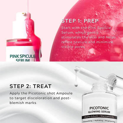 Pink Spicule Serum + Picotonic Shot Ampoule + Peel Shot Exfoliant Rice Ampoule, Rice Exfoliator for Face Pore Refining, Picotonic Glow Serum for Pigmentation & Dark Spot, Glass Skin, 3PCS