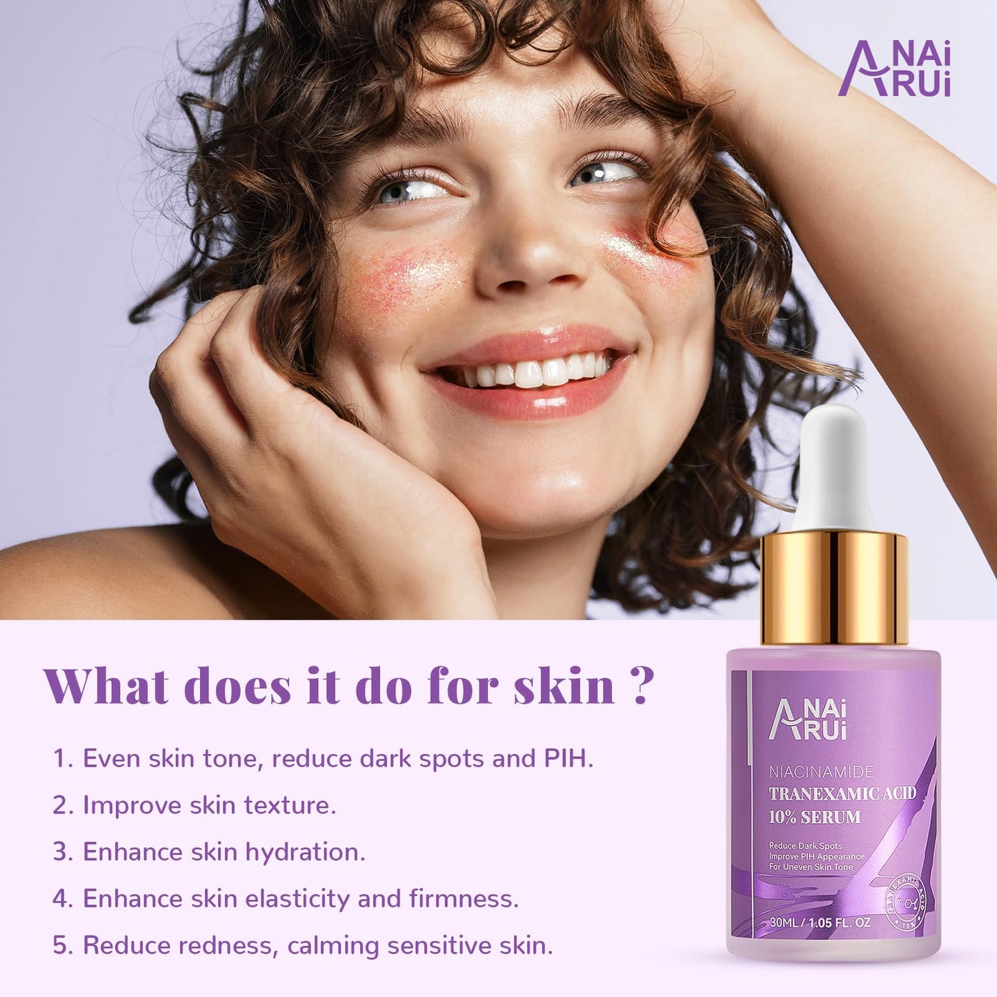 ANAiRUi 10% Tranexamic Acid Serum 30 ml, Dark Spot Correcting Serum with Tranexamic Acid + Hyaluronic Acid + Niacinamide, Targets Hyperpigmentation, Even Skin Tone