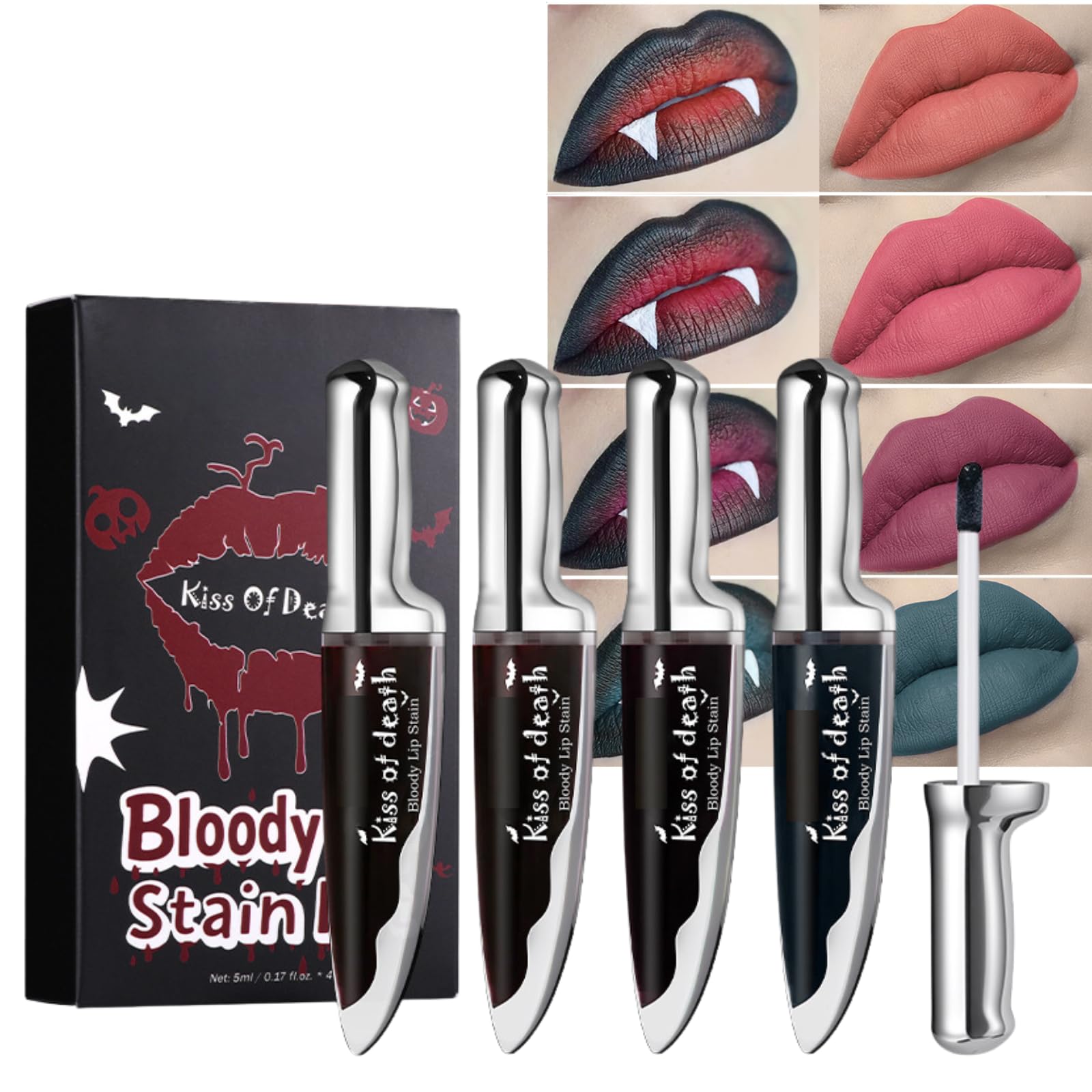 4Pcs Bloody Lip Stain Set,Long-Lasting Waterproof Lip Tint,Matte Liquid Lipstick Non-Sticky Transfer-Proof, 4 Colors Vampire Goth Halloween Makeup Kit