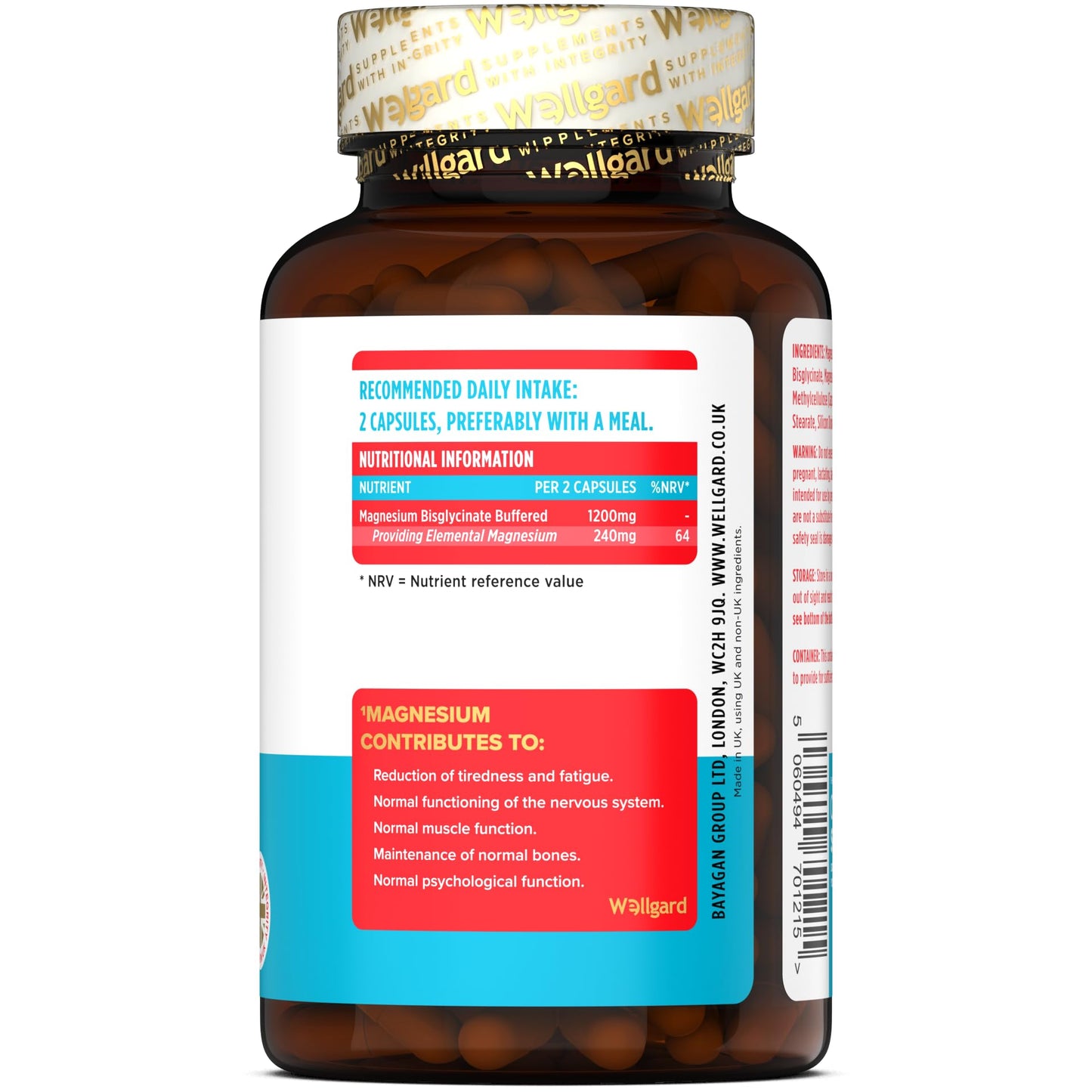 Pure Magnesium Glycinate by Wellgard - Not Mixed with Citrate or Malate, High-Strength Magnesium Supplement, Mag 1200, Vegan, High Absorption Bisglycinate, 240mg Elemental Magnesium, Made in UK