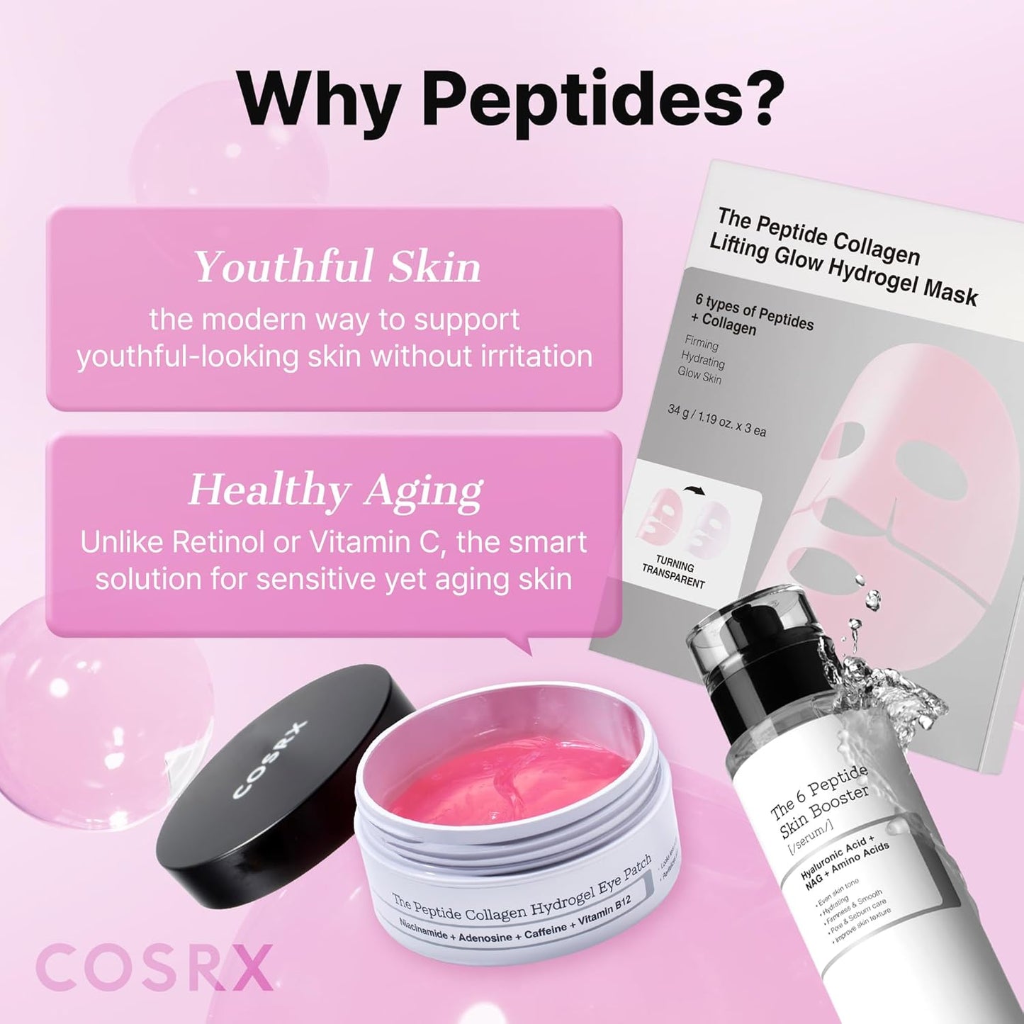 COSRX Pink Peptide Collagen Hydrogel Eye Patches Wrinkle Patches for Puffy Eyes, Dark Circles, Eye Bags, Wrinkles and Fine Lines, Firming and Depuffing Under Eye Masks, Korean Skincare 60 Patches