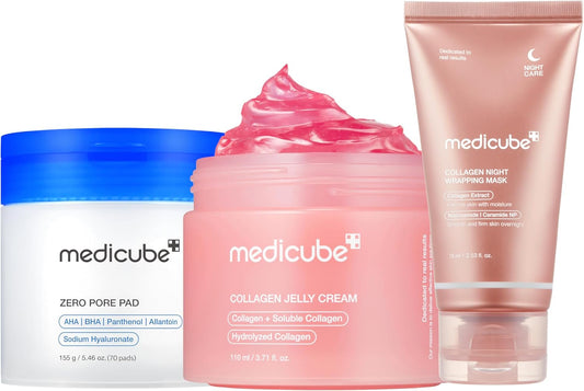 medicube K-Viral Favorite Trio: Zero Pore Pads 2.0, Collagen Jelly Cream and medicube Collagen Wrapping Mask