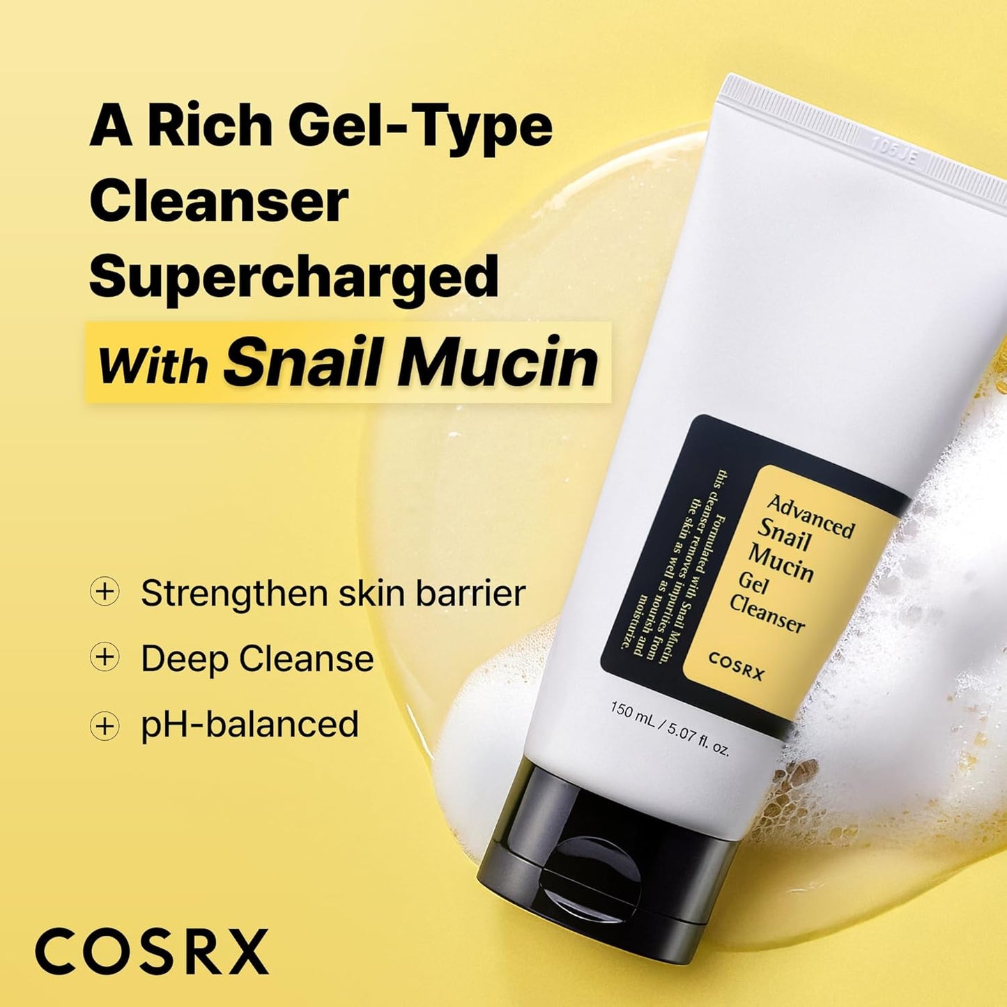 COSRX Advanced Snail Mucin Gel Cleanser, 5.07 Fl Oz / 150 mL | Rich Daily Deep Cleansing Gel for Dry & Sensitive Skin | Korean Skincare, Not Tested on Animals, No Parabens