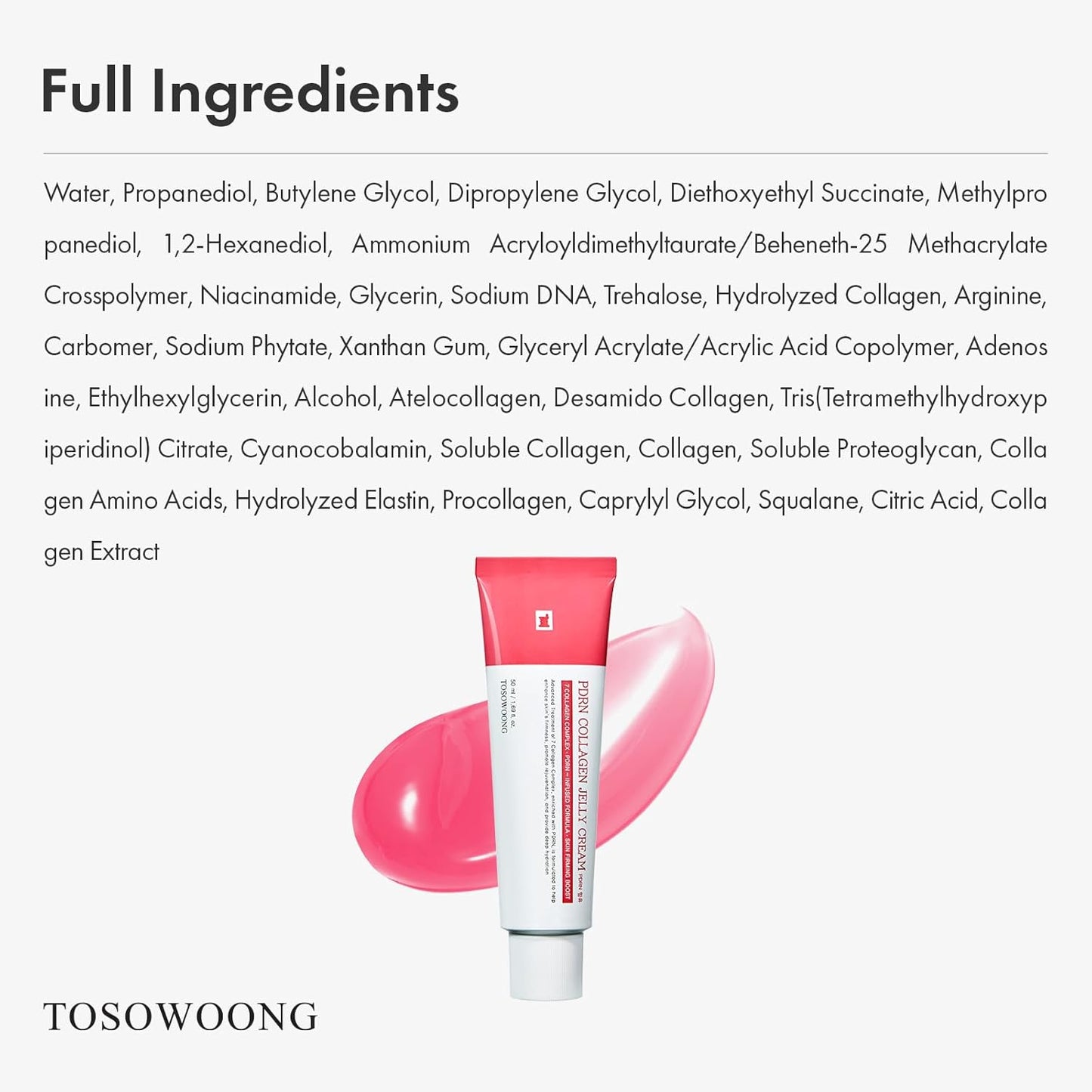 TOSOWOONG PDRN Collagen Jelly Cream with 5,000ppm Salmon DNA PDRN, Niacinamide & Hydrolyzed Collagen, Hydrating & Radiance Boosting Korean Skincare, 50ml, 1.69 fl.oz.