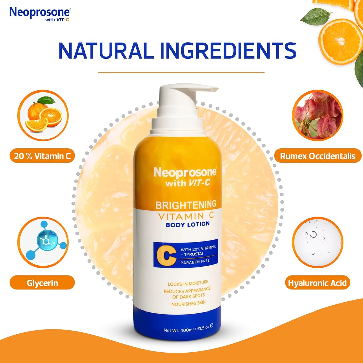 NEOPROSONE Brightening Body Lotion 400ml - Formulated to Fade Dark Spots on Elbows, Knees, Neck, Body and Intimate Parts, with Lactic Acid, Alpha Arbutin Complex and Vitamin C