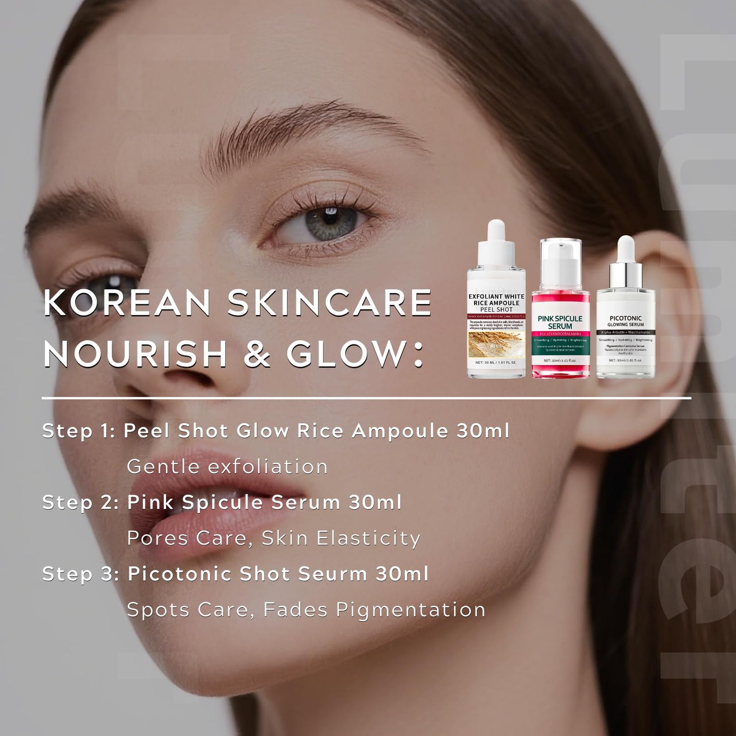 Pink Spicule Serum + Picotonic Shot Ampoule + Peel Shot Exfoliant Rice Ampoule, Rice Exfoliator for Face Pore Refining, Picotonic Glow Serum for Pigmentation & Dark Spot, Glass Skin, 3PCS