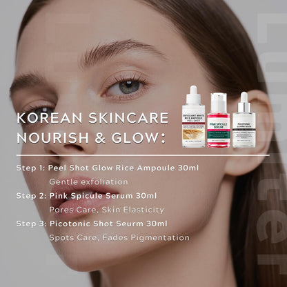 Pink Spicule Serum + Picotonic Shot Ampoule + Peel Shot Exfoliant Rice Ampoule, Rice Exfoliator for Face Pore Refining, Picotonic Glow Serum for Pigmentation & Dark Spot, Glass Skin, 3PCS
