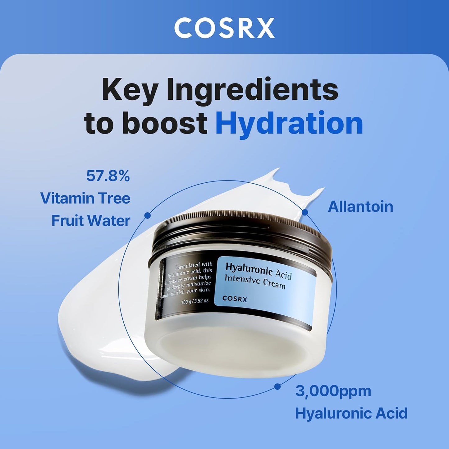 COSRX Hyaluronic Acid Moisturizing Cream, 100g, Long-lasting Hydration, Rich Moisturizer for Sensitive Skin, Korean Skin Care, Animal Testing Free, Parabens Free