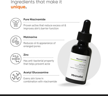 Minimalist 10% Niacinamide Face Serum for Acne Marks, Blemishes & Oil Balancing with Zinc | Skin Clarifying Anti Acne Serum for Oily & Acne Prone Skin, Transparent, 30 ml (Pack of 1)