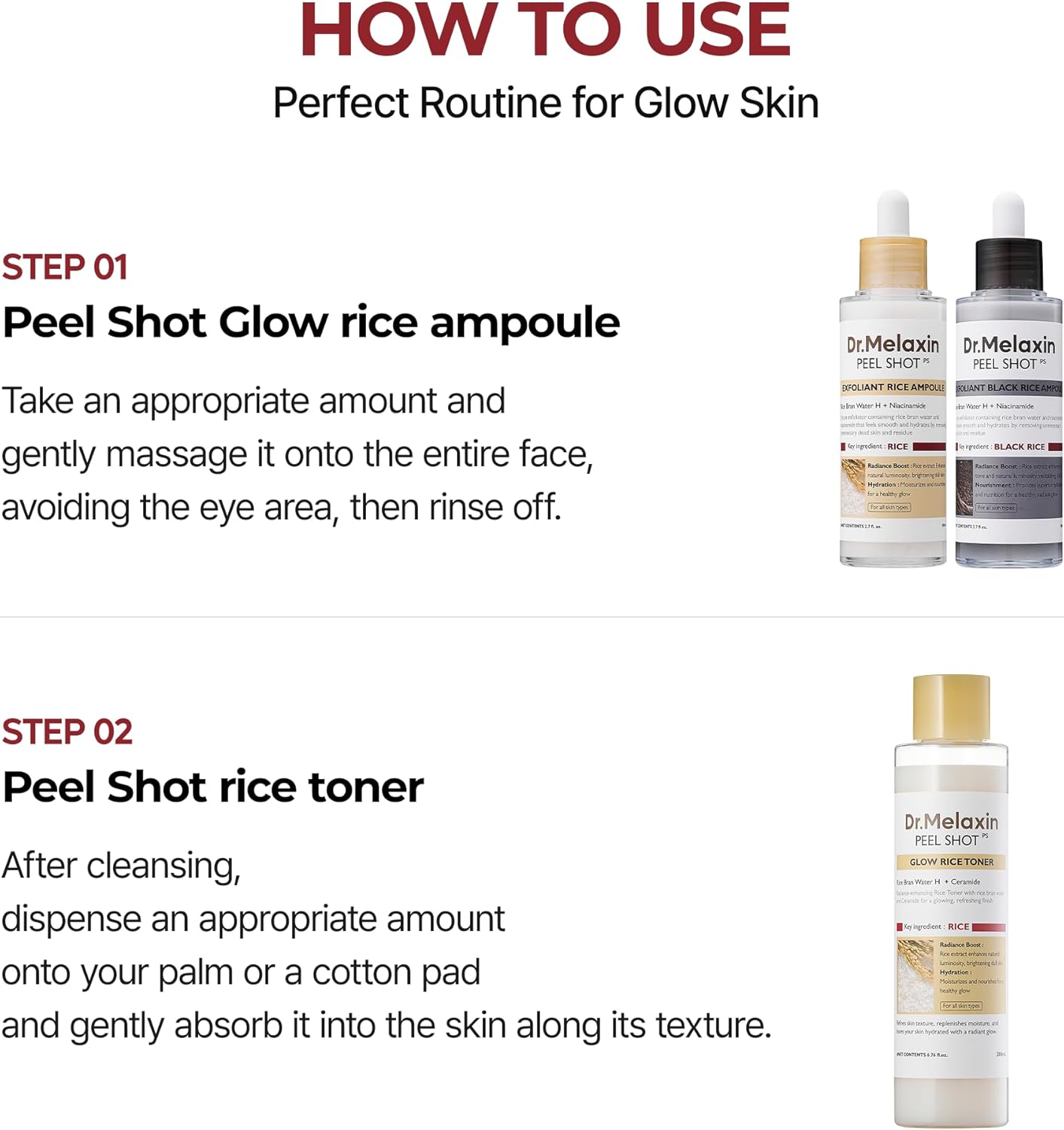 Dr.Melaxin Peel Shot Glow Rice Toner Hydrated Skin Cleansing Skin Korean Skin Care 6.76 Fl Oz (Pack of 1) White