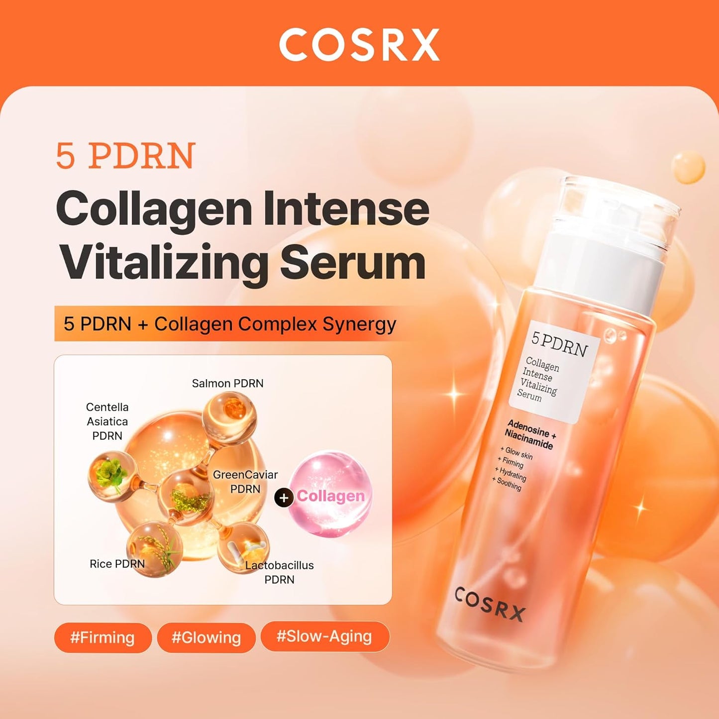 COSRX 5 PDRN Collagen Intense Vitalizing Serum for Face with 5 PDRN & Low Molecular Collagen, Glow serum for Skin Firming, Boosting and Viatalizing, 100ml, Korean Skincare