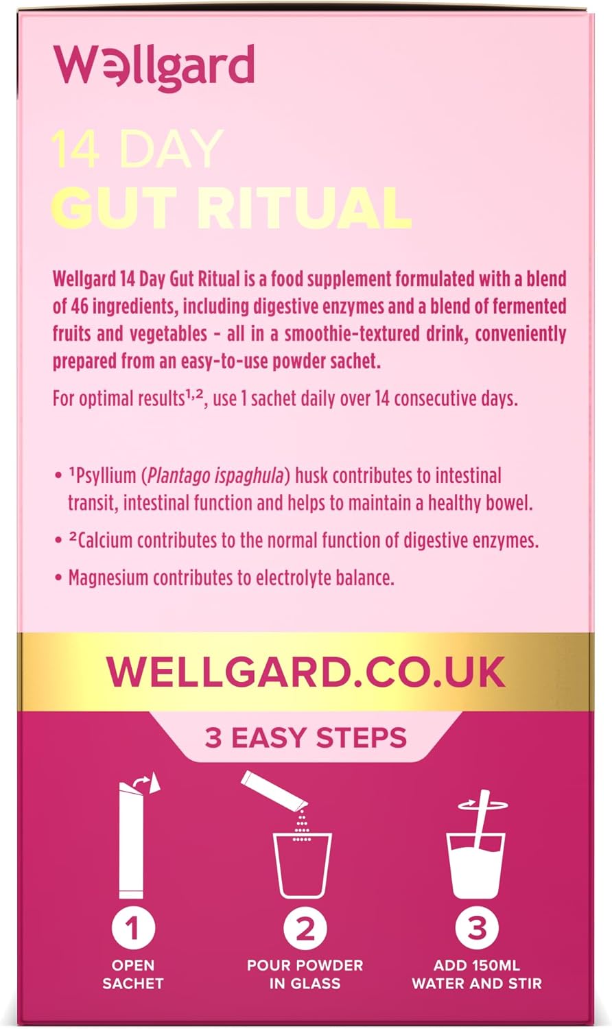 Wellgard 14 Day Gut Ritual - Daily Fibre & Digestive Enzymes Formula to Maintain a Healthy Bowel and Intestinal Transit, 14 Single-Serve Sachets