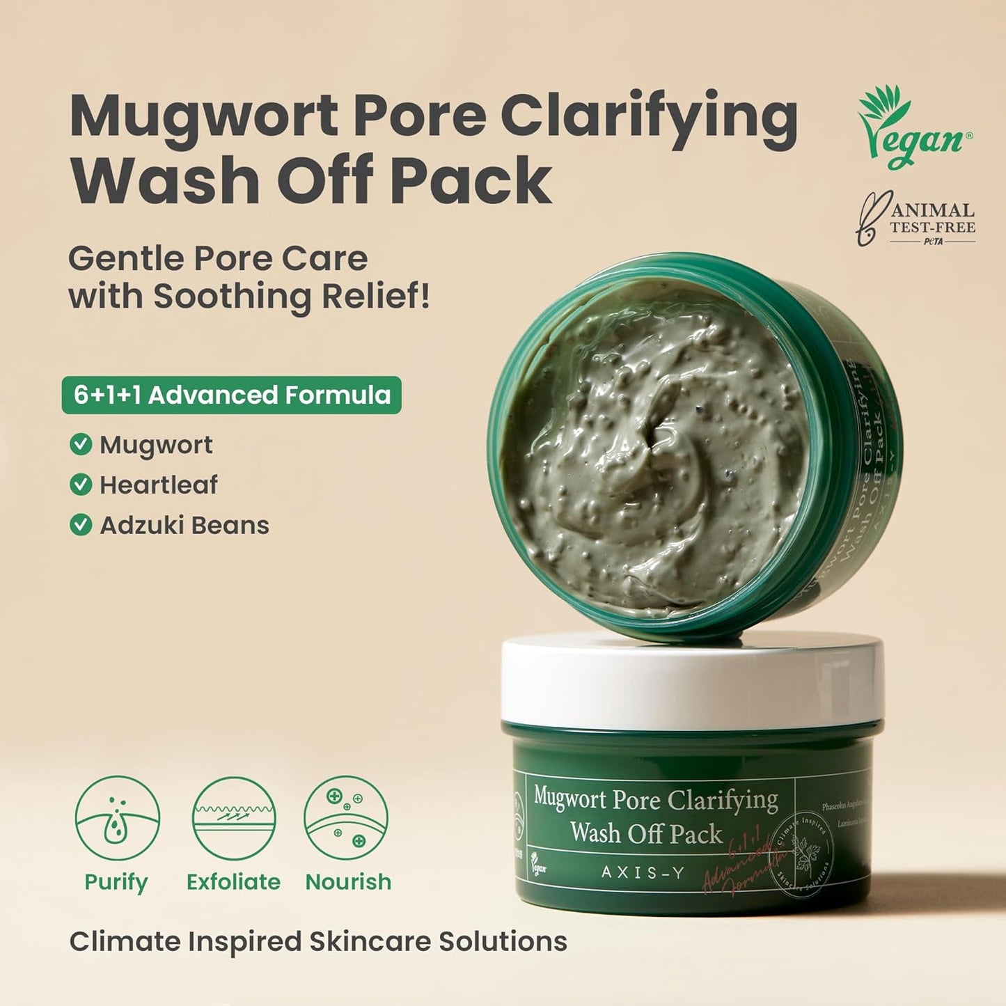 AXIS-Y Mugwort Pore Clarifying Wash Off Pack Face Exfoliator Targets Clogged Pores, Whitehead & Blackhead Remover Vegan Korean Skin Care Glass Skin Clay Mask 3.38 Fl. Oz.