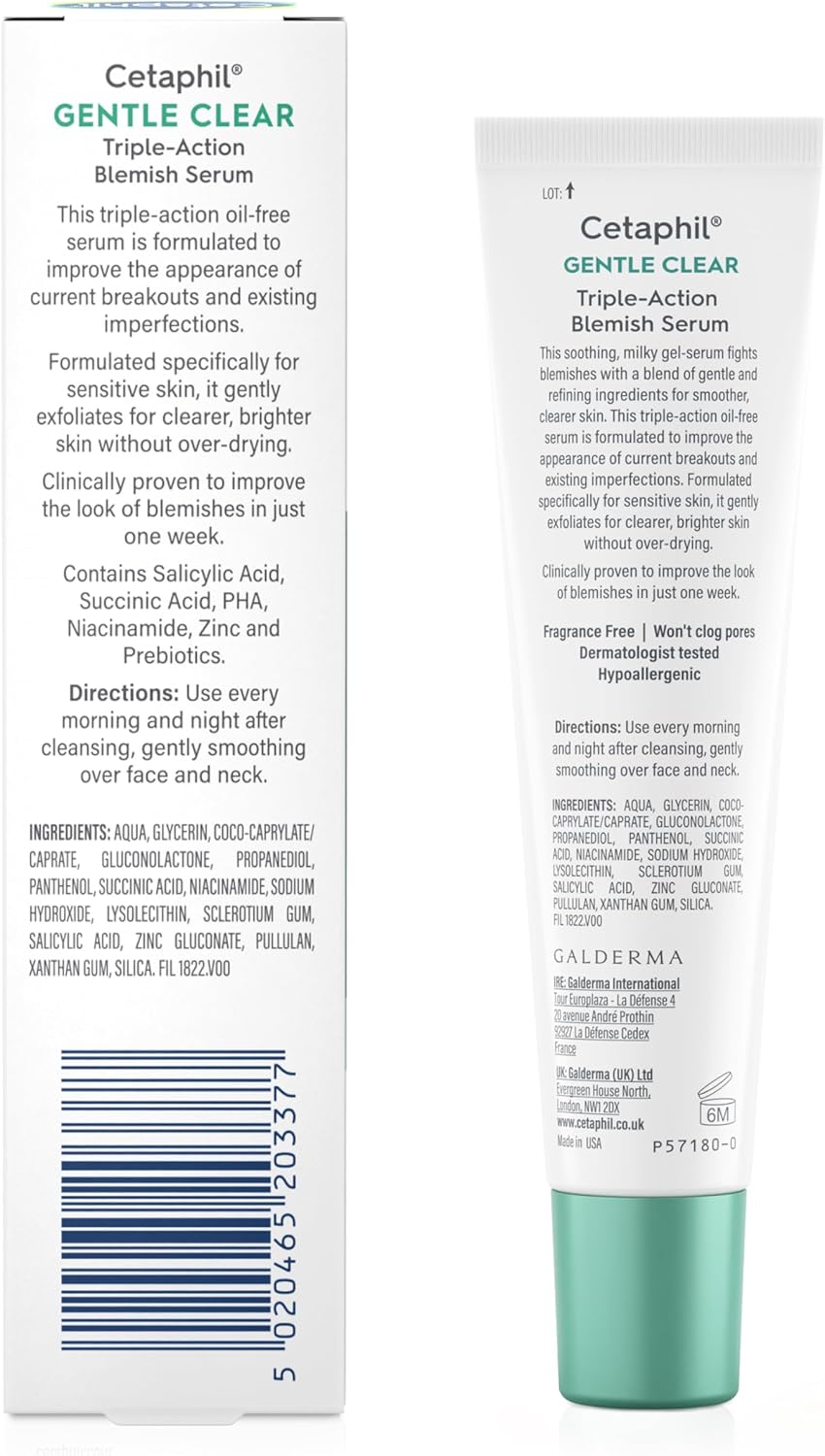 Cetaphil Gentle Clear Triple-Action Blemish Serum 30ml, with 0.5% Salicylic Acid and Niacinamide for Blemish-prone Sensitive Skin, Packaging May Vary