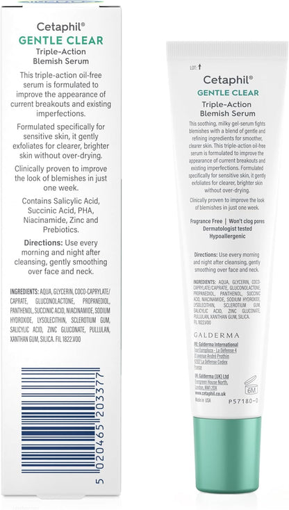 Cetaphil Gentle Clear Triple-Action Blemish Serum 30ml, with 0.5% Salicylic Acid and Niacinamide for Blemish-prone Sensitive Skin, Packaging May Vary
